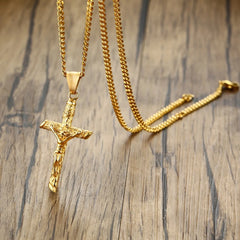 Stainless Steel Cross Necklace Catholicism Jesus Pendant Gold Color Collar Church Prayer Faith Jewelry for Men Women Gift