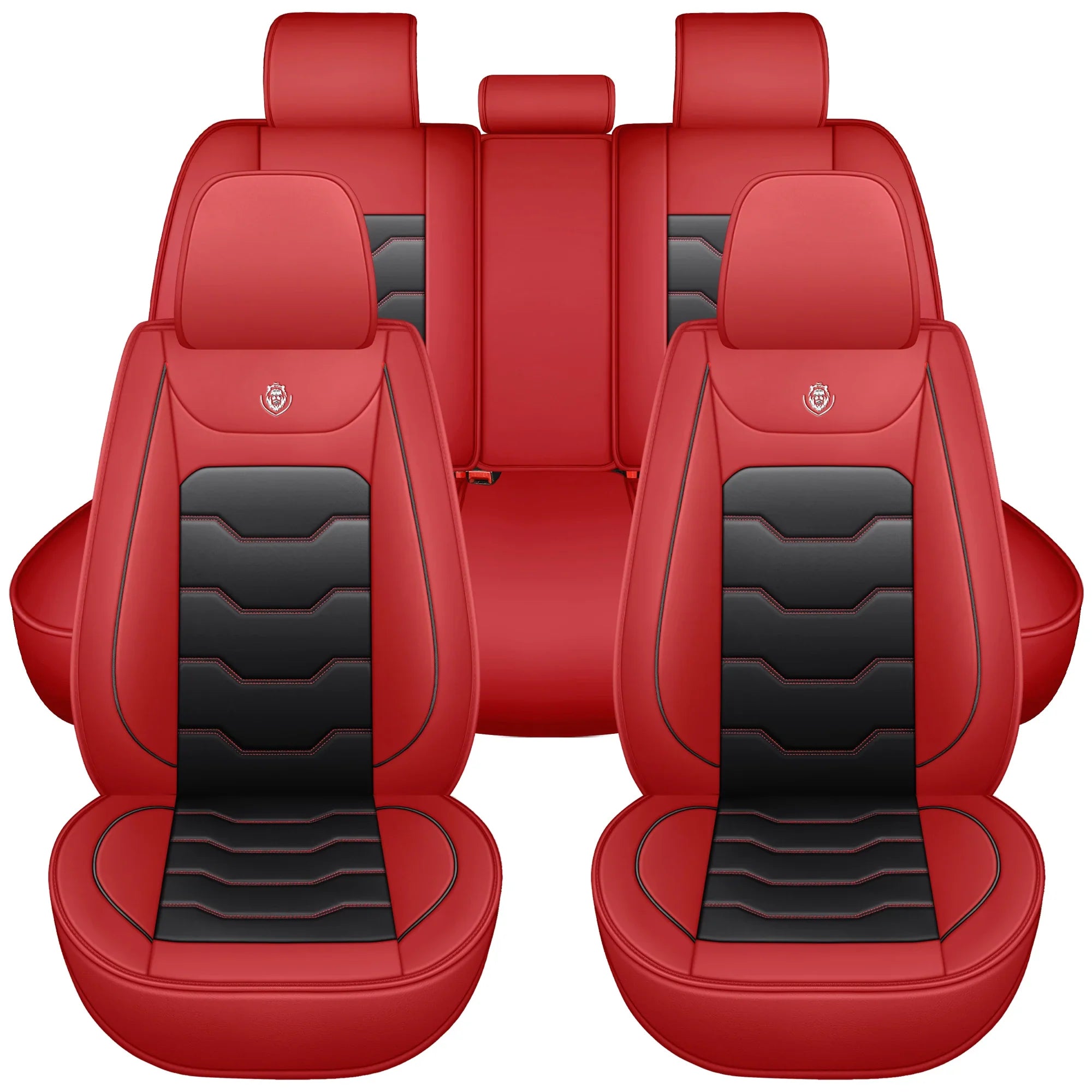 A set of red and black artificial leather universal car seat covers for a five-seater vehicle.