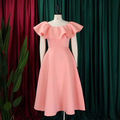 A solid pink mid-calf A-line dress with a round neckline and ruffled butterfly sleeves.