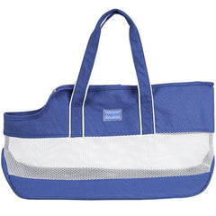 A blue and white mesh pet carrier shoulder bag with a zipper closure and top handles.