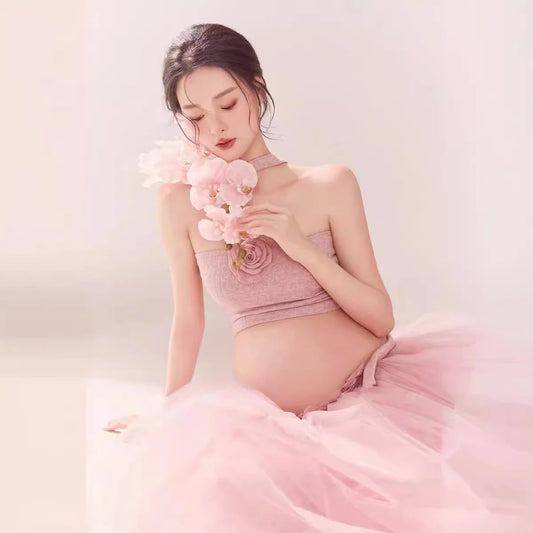 Maternity Photo Shoot Outfit Pink Sweet Tupe Top with Mesh Tutu Long Skirt 2pcs for Pregnant Women Studio Photography Shooting