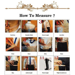 A measurement guide for men's suits showing twelve numbered steps for taking body measurements.