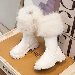 Girls High Boots Thick Warm Plush Fur Beige Black Side Zipper Fashion Children Leather Long Boots Kids Winter Boots 2024 New SHOWLU FASHION STORE
