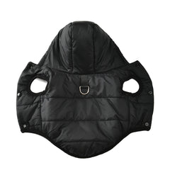 A black quilted dog hoodie with a D-ring on the back and snap button closures.
