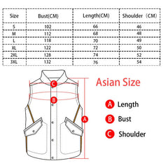 A size chart for a men's faux leather vest showing bust, length, and shoulder measurements.
