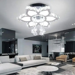 A modern flower-shaped LED crystal flush mount ceiling light fixture.