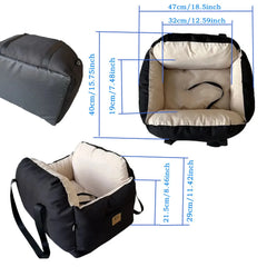A black and beige pet car seat with dimensions shown in centimeters and inches.