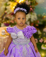Luxury Lavender Girls Birthday Dress Customized Beading Bow Flower Girl Dresses Queen Ball Gowns for Wedding Party