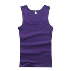 A solid purple men's sleeveless cotton tank top with a square neckline.