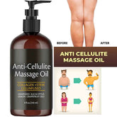 A bottle of anti-cellulite massage oil with collagen and stem cell ingredients.