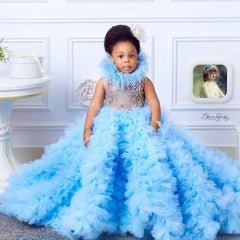 Gorgeou Flower Girls Dress Little Baby Girl Sky Blue Tulle Fluffy Applique for Party Kids Wedding Ball Birthday Evening Gowns