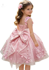 3D Floral with Bow Luxury Flower Girl Dress Wedding Thin Strap Backless Knee-Length Kid Pageant Party Birthday Event Dress
