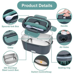 An electric heating lunch box with a stainless steel liner and various labeled components.