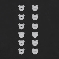 Twelve small, translucent bear-shaped plastic fasteners arranged in two vertical columns.