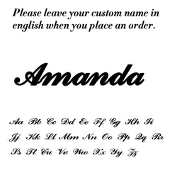 A font style chart for a custom name necklace showing the name Amanda and the full alphabet.