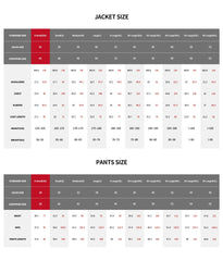 A size chart for men's jackets and pants showing measurements in inches and centimeters.