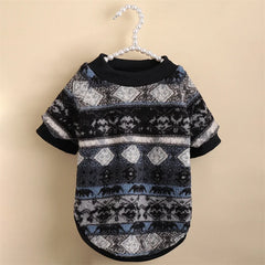 A black and blue patterned fleece dog sweater with a crew neck and short sleeves.