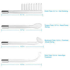 Four glass electrodes for a high frequency skin therapy wand with labeled sizes and uses.