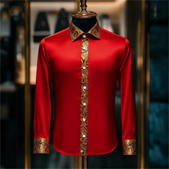 Men's luxury long sleeved shirt silk long sleeved white brown solid color Paisley slim fit shirt casual lapel top