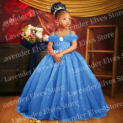 Princess Royal Blue Flower Girl Dresses For Wedding Customized Beaded Tulle Toddler Girls Pageant Dress Kids Formal Wear