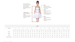 A size chart for a white lace flower girl dress with measurement instructions.