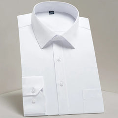 A crisp white long-sleeve dress shirt with a square collar and button-up front.