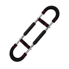 An adjustable spring arm exerciser with black foam grips and a metallic frame.