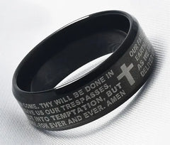 A black titanium steel ring engraved with the Lord's Prayer and a Christian cross.