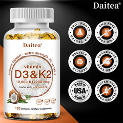 2-in-1 Vitamin D3 K2 Supplement Softgel, 10000 IU VIT D3 + 200 MCG Vitamin K2, Support Calcium Absorption in Bones