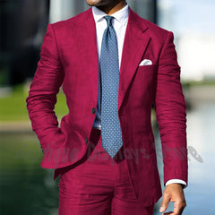 Blue Linen Single Breasted Men Suit Two Pieces(Jacket+Pants) Outfits Casual Party Prom Wedding Set