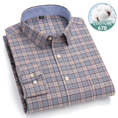 100% Pure Cotton Oxford Men's Shirts Long Sleeve Plaid Soft Regular Fit Formal Dress Shirt Social Blouse Male Clothes 6XL 7XL