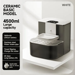 A dark gray and white automatic pet water fountain with a ceramic bowl and a 4.5 liter capacity.