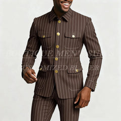 Elegant Pinstripe Men's Suits Fashion Single Breasted Stand Lapel Slim Fit Male Clothing Customzied 2 Piece Jacket Pants Sets