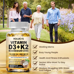 Vitamin D3 K2 Capsule, with Coconut Oil, Promotes Strong Bones, for Teeth,Heart Cardiovascular Health, Magnesium+Zinc Supplement