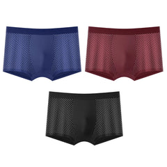 Three pairs of men's ice silk mesh boxer shorts in blue, maroon, and black.