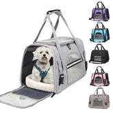 A grey soft-sided pet carrier with a mesh window and cushion, shown in five different colors.