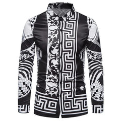 A men's long-sleeve button-down shirt featuring a black and white geometric and floral print.