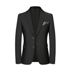 A slim fit black men's blazer with a two-button closure and a patterned pocket square.