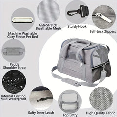 A grey soft-sided pet carrier with mesh windows, a shoulder strap, and internal safety features.