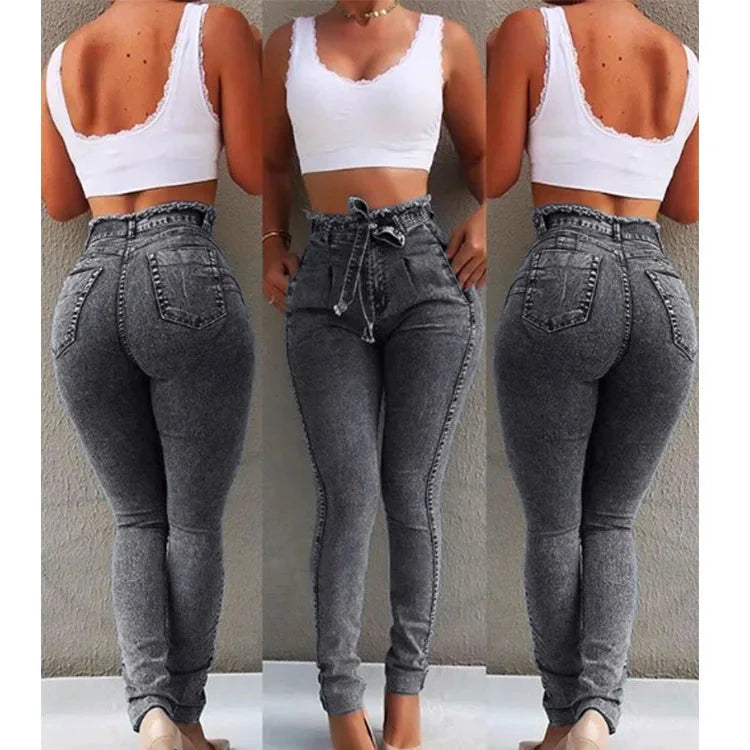 High Waist Jeans For Women Slim Stretch Denim Jean Bodycon Tassel Belt Bandage Skinny Push Up Jeans Woman clothe 4XL 5XL SHOWLU FASHION STORE
