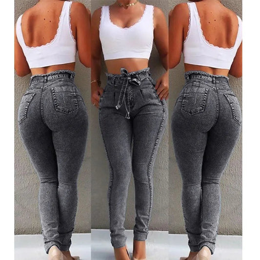 High Waist Jeans For Women Slim Stretch Denim Jean Bodycon Tassel Belt Bandage Skinny Push Up Jeans Woman clothe 4XL 5XL SHOWLU FASHION STORE