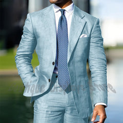 Blue Linen Single Breasted Men Suit Two Pieces(Jacket+Pants) Outfits Casual Party Prom Wedding Set
