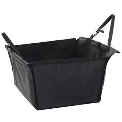 A black, box-shaped pet car seat carrier with adjustable straps for securing in a vehicle.