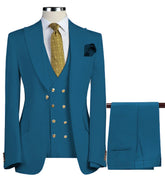 A teal three-piece men's suit featuring a double-breasted vest with gold buttons and a tie.