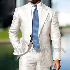 Blue Linen Single Breasted Men Suit Two Pieces(Jacket+Pants) Outfits Casual Party Prom Wedding Set