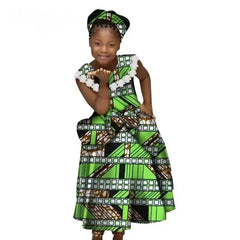 African Dresses for Little Girls Pleated Skirt Gifted Hair Band Lovely Girl Clothing with Big Bow Custom Size Clothes WYT538