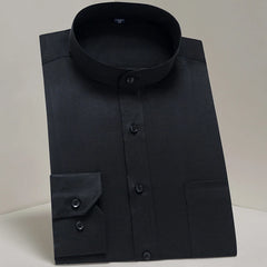 A black long-sleeve dress shirt with a mandarin collar and button-up front.