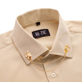 Hi-Tie Long Sleeve Mens Shirts Silk Brown Solid Lapel Green Black Red Beige Purple Pink Slim Fit Shirt Wedding Business Formal