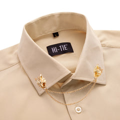 Hi-Tie Long Sleeve Mens Shirts Silk Brown Solid Lapel Green Black Red Beige Purple Pink Slim Fit Shirt Wedding Business Formal