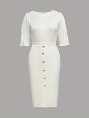 A white midi sheath dress with a round neckline, split sleeves, and decorative gold buttons.